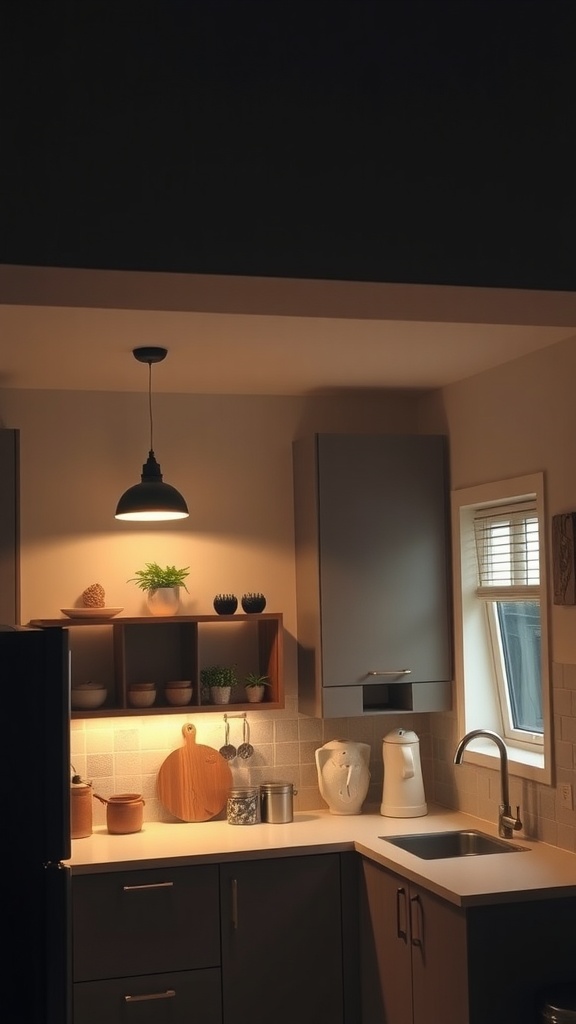 A small kitchen with warm lighting showcasing creative design elements.