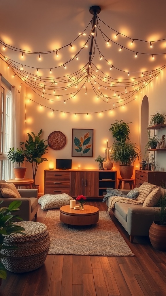 A cozy boho living room with fairy lights draped on the ceiling, featuring plants and warm lighting.