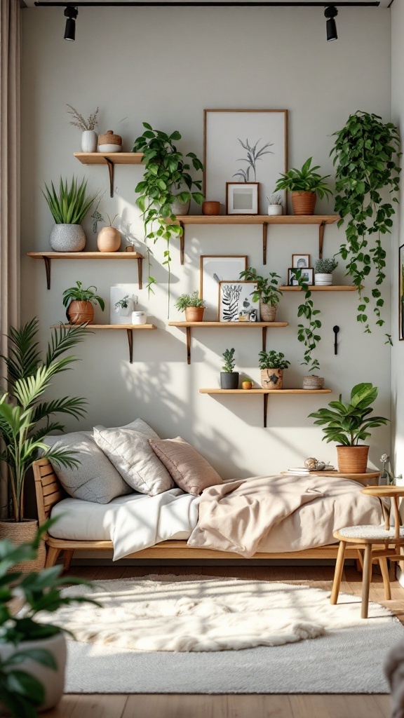 A small bedroom featuring wall shelves with plants and decorative items, showcasing creative storage solutions.