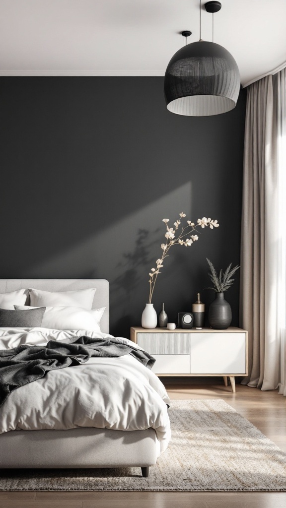 A cozy bedroom featuring a dark gray accent wall, light bedding, minimalist decor, and a warm atmosphere.