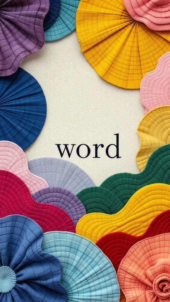 Colorful fabric wall art design featuring folded fabric pieces in various shapes and colors.