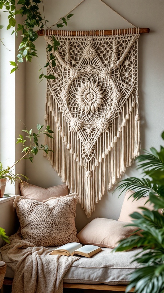 A cozy corner featuring a beautiful macrame wall hanging with intricate designs, surrounded by plush pillows and greenery.