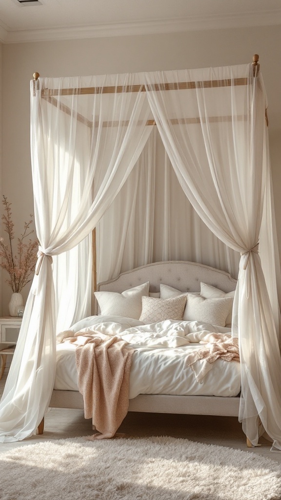 A cozy canopy bed with sheer drapes and plush pillows