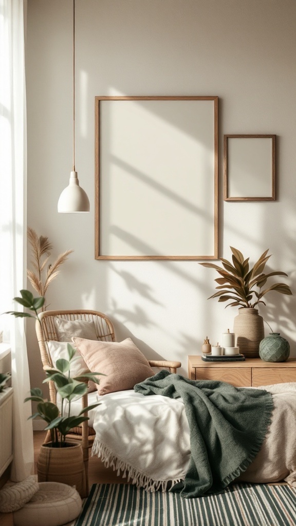 A cozy bedroom with earthy colors, featuring a rattan chair, green blanket, and natural decor.