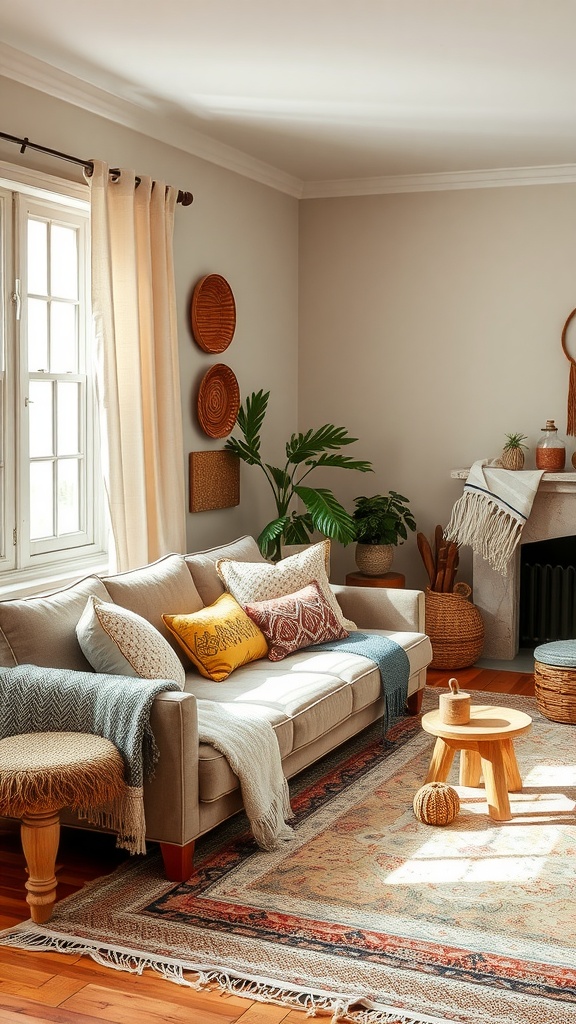 A bohemian living room with earthy tones, textured fabrics, and a cozy atmosphere.