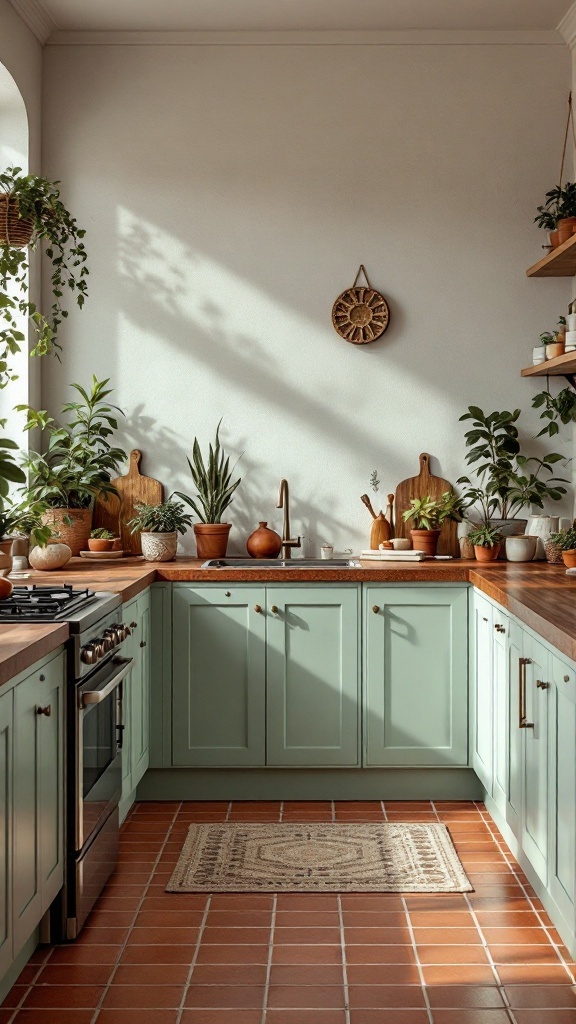 A cozy kitchen featuring mint green cabinets and terracotta tiles, adorned with plants and a wooden countertop.