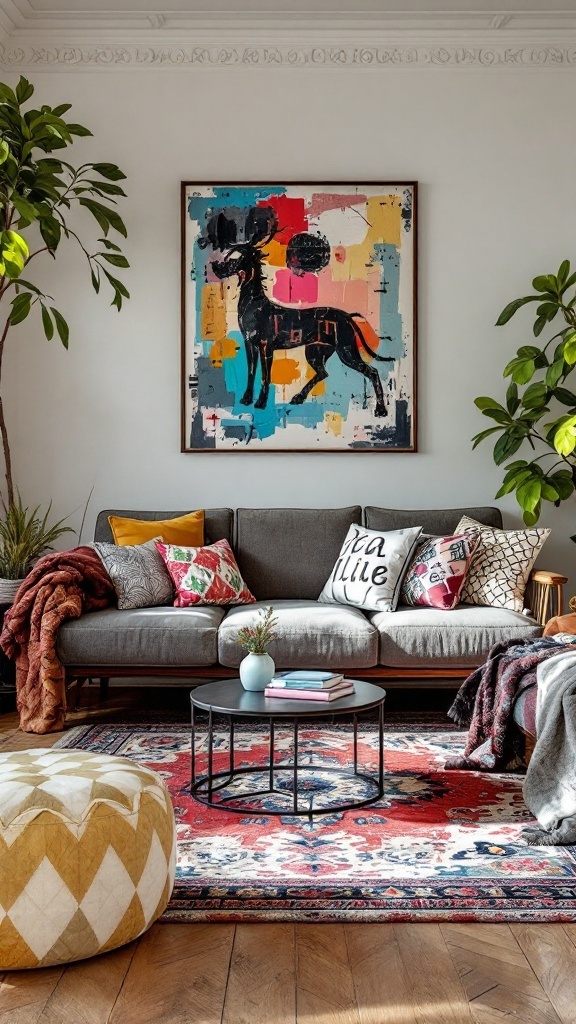 A cozy living room with a grey sofa, colorful cushions, a round coffee table, and plants, featuring a vibrant rug and bold wall art.