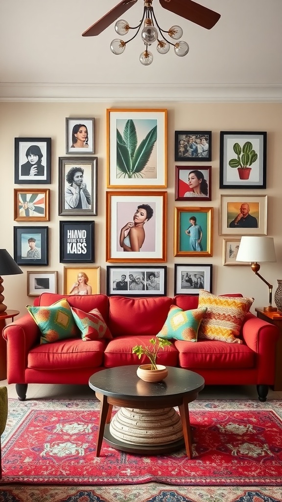 A cozy living room featuring a vibrant gallery wall with various framed artworks and portraits, complemented by a red couch and colorful cushions.