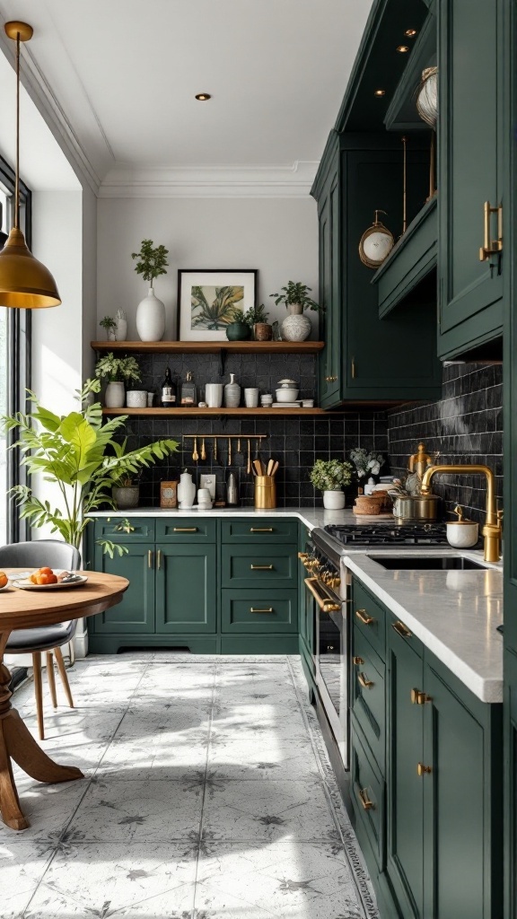 A stylish kitchen featuring dark green cabinets with gold accents, a wooden table, and plants in a bright, inviting space.