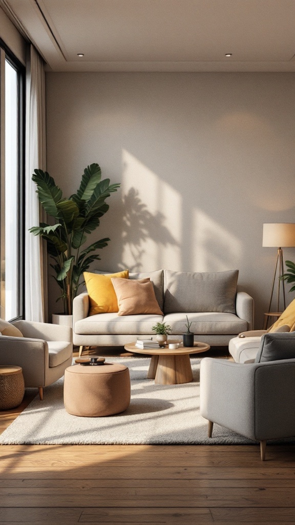 A cozy living room with light-colored furniture, a round coffee table, and plants, arranged for comfort and conversation.