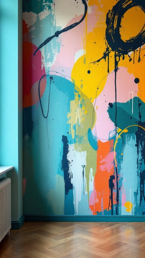 A colorful hand-painted accent wall with abstract shapes and splashes of paint.