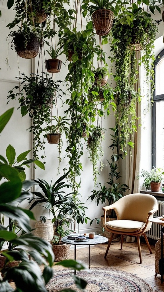 A beautiful display of hanging plants with various textures and shades of green.