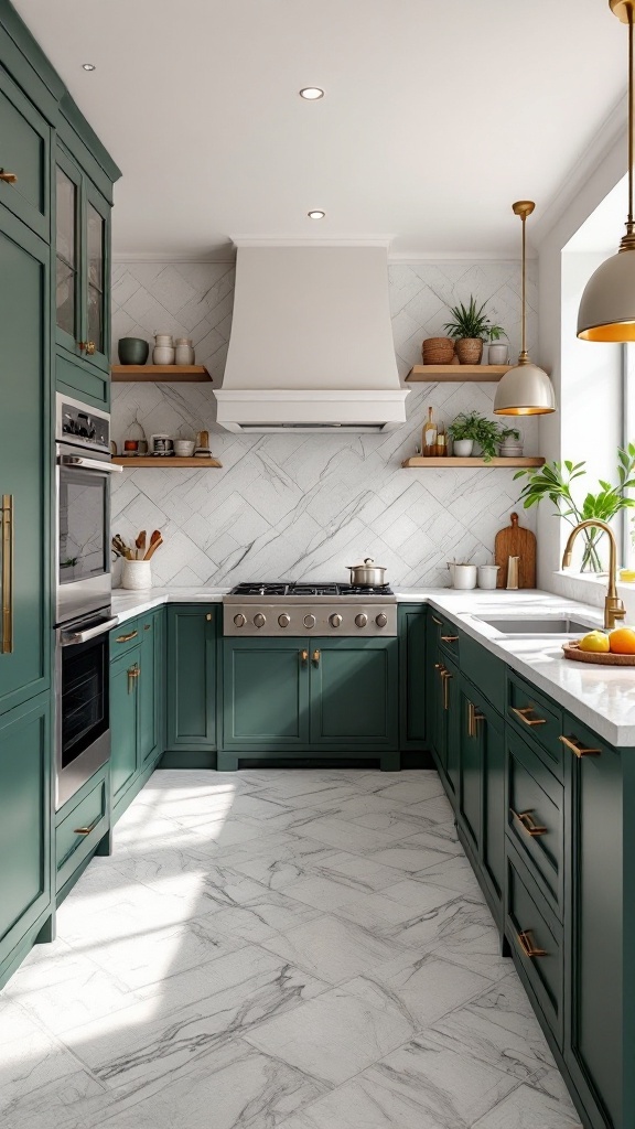 High-end kitchen design featuring forest green cabinets, marble countertops, and brass accents.
