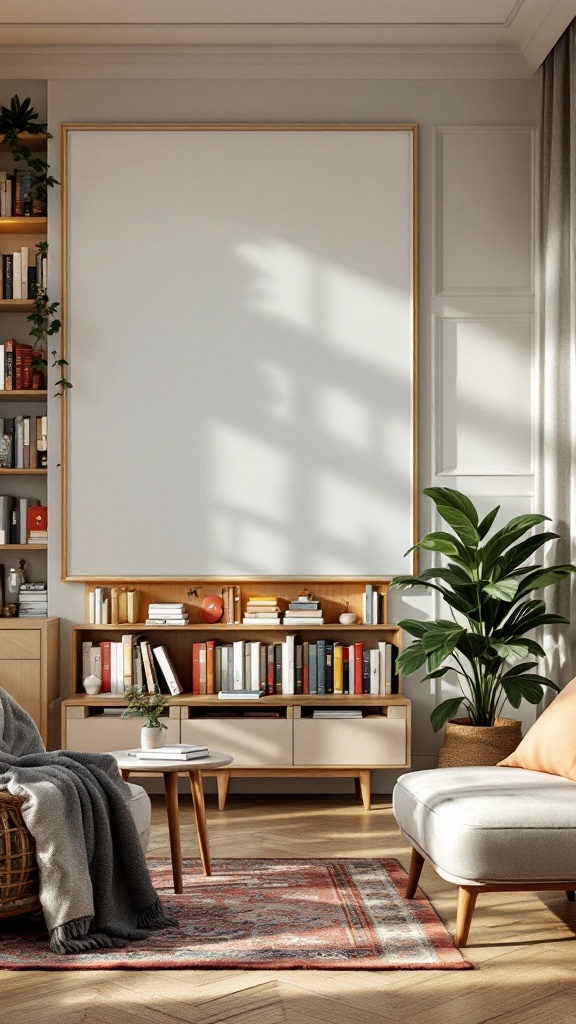 Cozy living room with a bookshelf filled with books, a plush chair, and a large plant