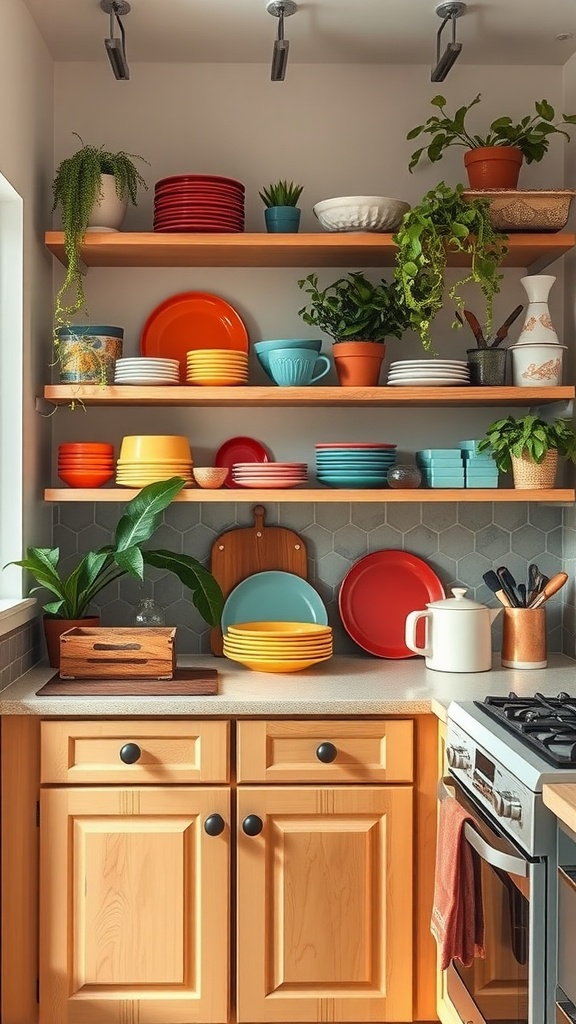 Colorful open shelving in a small kitchen displaying plates and plants.