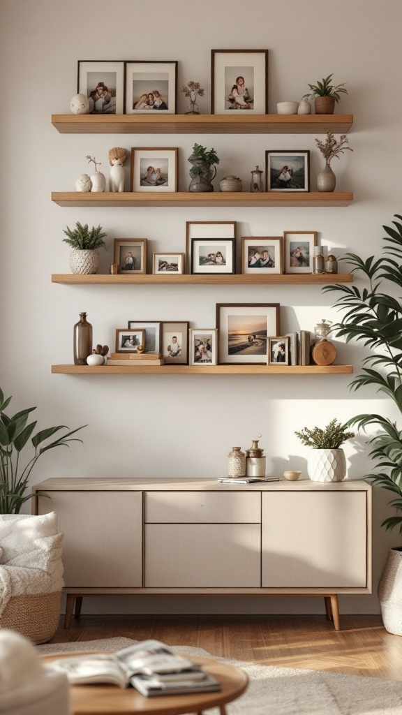 A cozy living room with wooden shelves displaying framed photos and decorative items, complemented by plants.