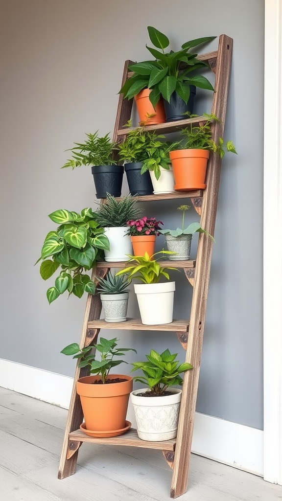 A wooden ladder display with various potted plants in different colors and sizes against a gray wall.