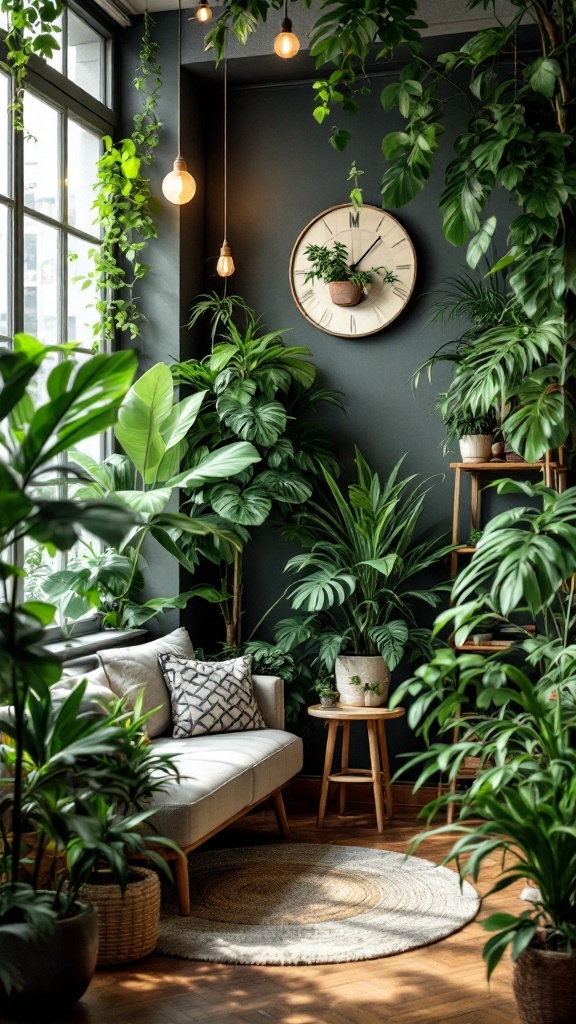 Cozy living room filled with various indoor plants, dark walls, and warm wood accents