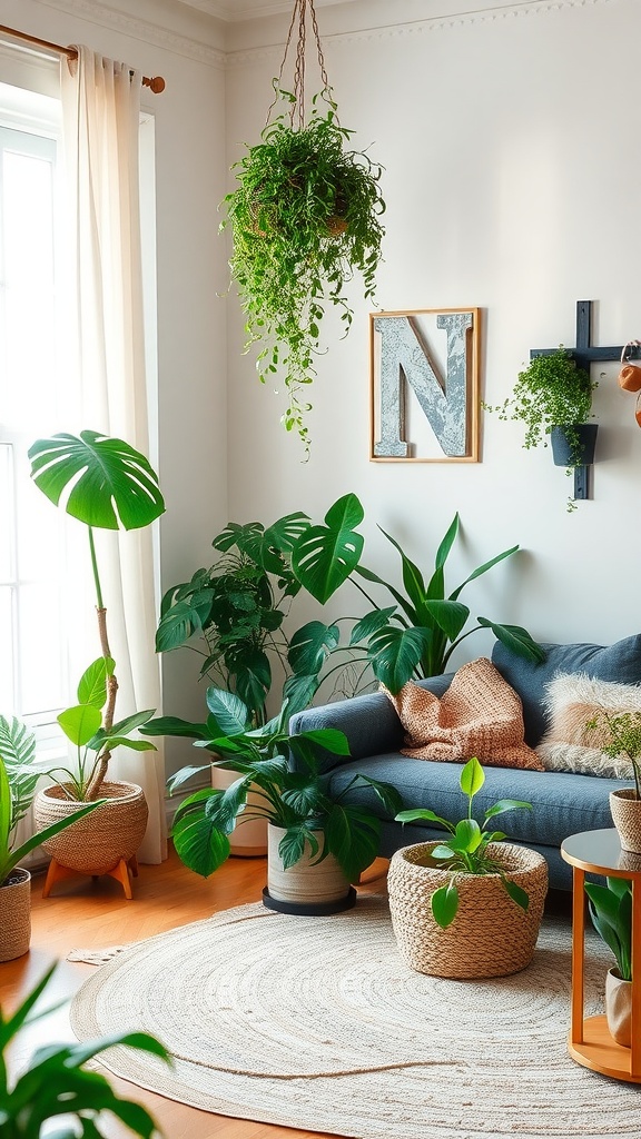 A cozy boho living room filled with various indoor plants, including a hanging fern and large leafy plants in woven pots, creating a lush and inviting atmosphere.