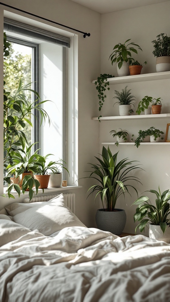 A cozy bedroom with various indoor plants by the window and on shelves, creating a fresh and inviting atmosphere.
