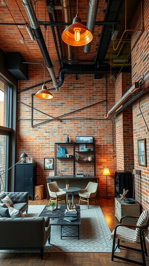A cozy industrial chic living room featuring exposed brick walls, metal accents, and plants.