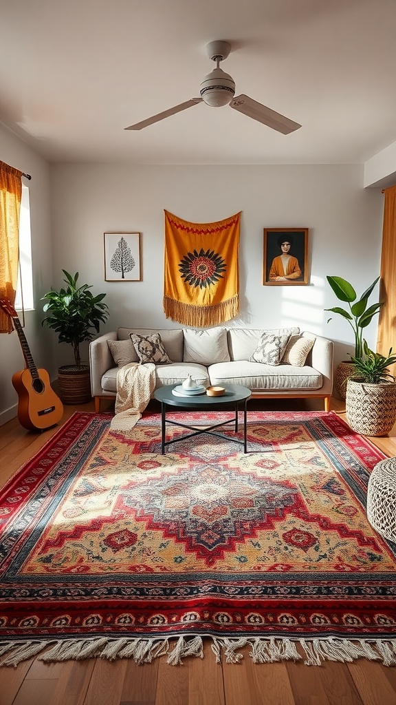 A boho living room with layered rugs, beige sofa, and potted plants.