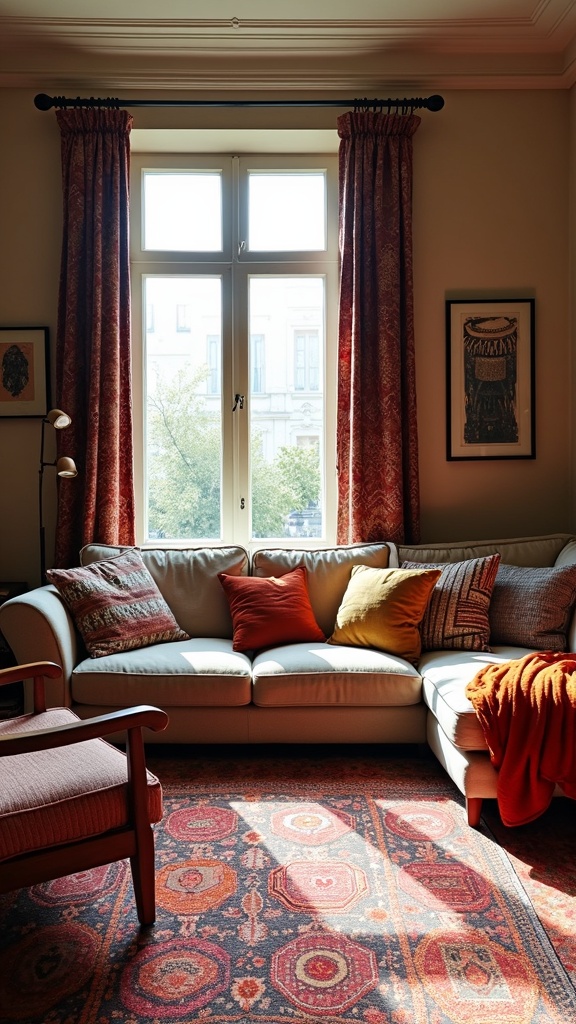 A cozy living room with a light couch, colorful throw pillows, rich patterned curtains, and a vibrant rug, creating a Parisian boho vibe.