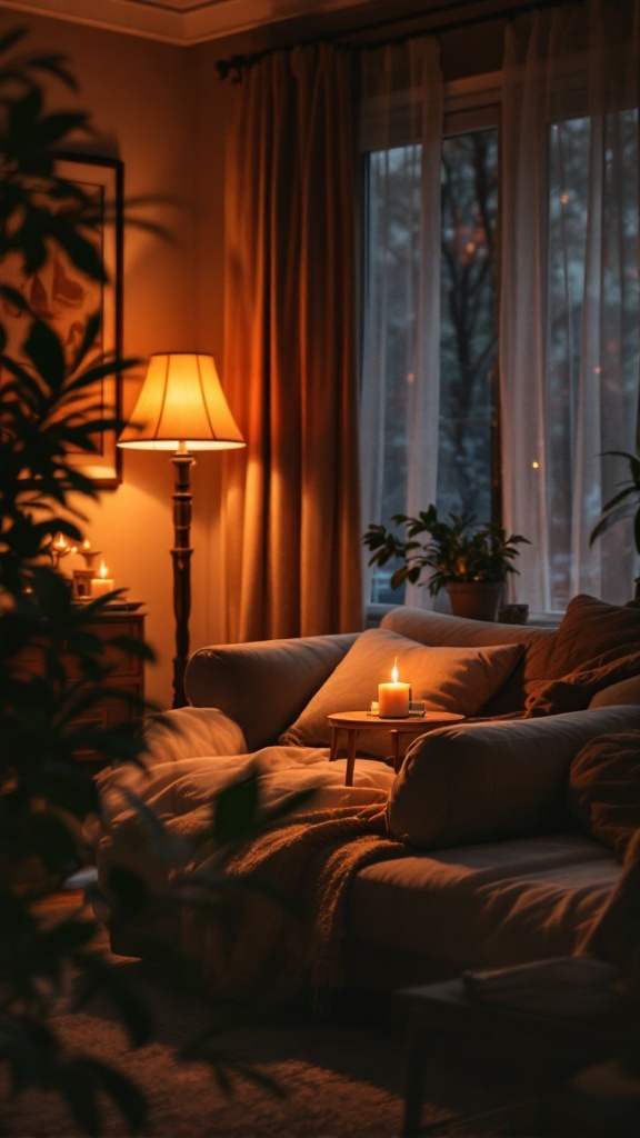 Cozy living room with layered lighting from a floor lamp and candles, surrounded by plants.