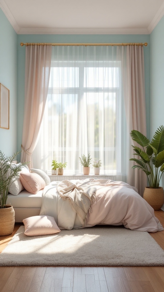 Bright and airy small bedroom with light blue walls, blush bedding, and plants.