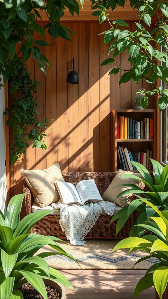 A cozy nook with a wicker couch and lush green plants in a low-light setting.