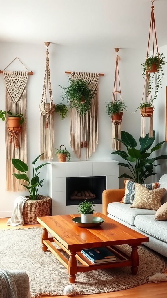 A cozy living room featuring a macrame wall hanging and various hanging plants, with a comfortable sofa and a wooden coffee table.