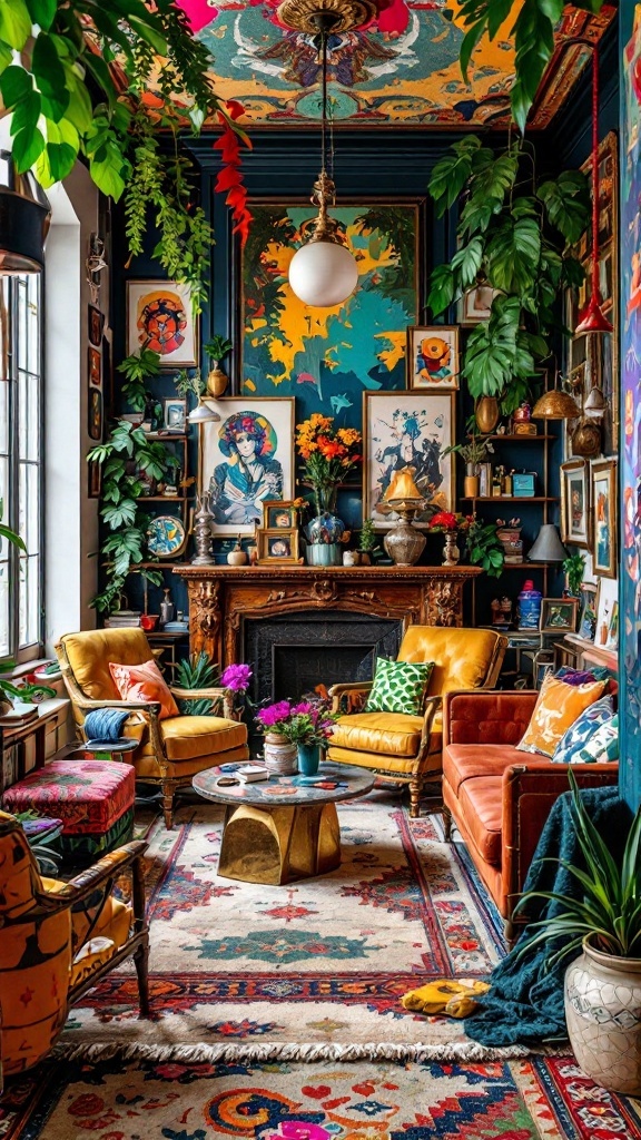 A vibrant living room featuring eclectic decor with bold colors, patterns, and plants.