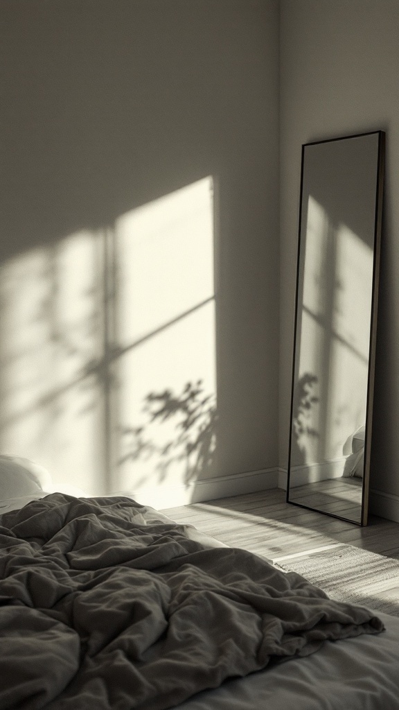 A small bedroom featuring a tall mirror, soft bedding, and natural light casting shadows.