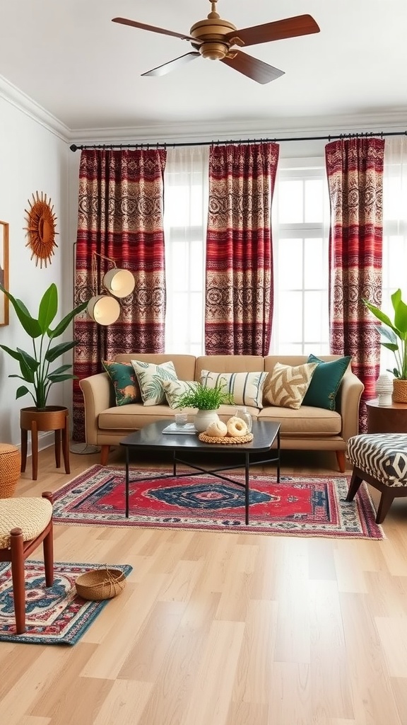 Cozy bohemian living room with mixed patterns, featuring patterned curtains, rugs, and cushions.