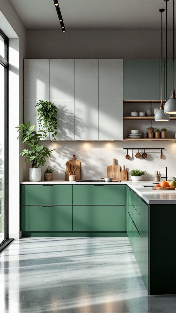 Modern kitchen with green cabinets, wooden decor, and natural light