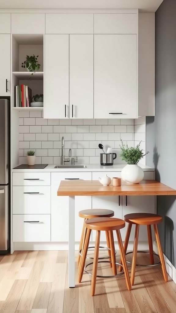 A small kitchen featuring a table and stools that maximize space.
