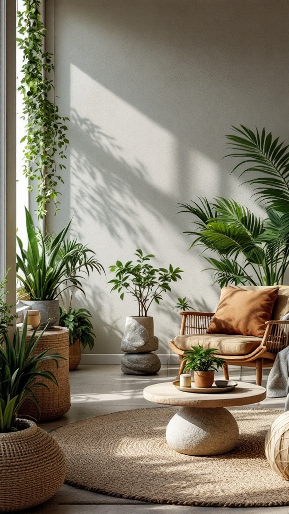 Cozy living room filled with plants, a wooden chair, and a round stone coffee table