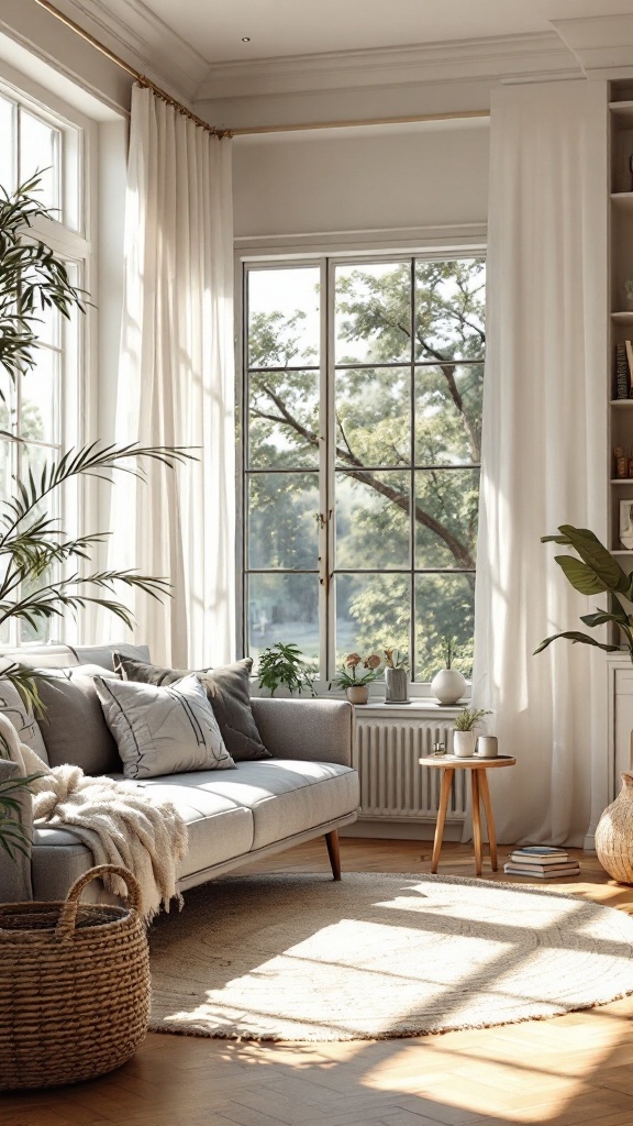 Bright and airy Parisian boho living room with large windows, plants, and cozy furnishings.