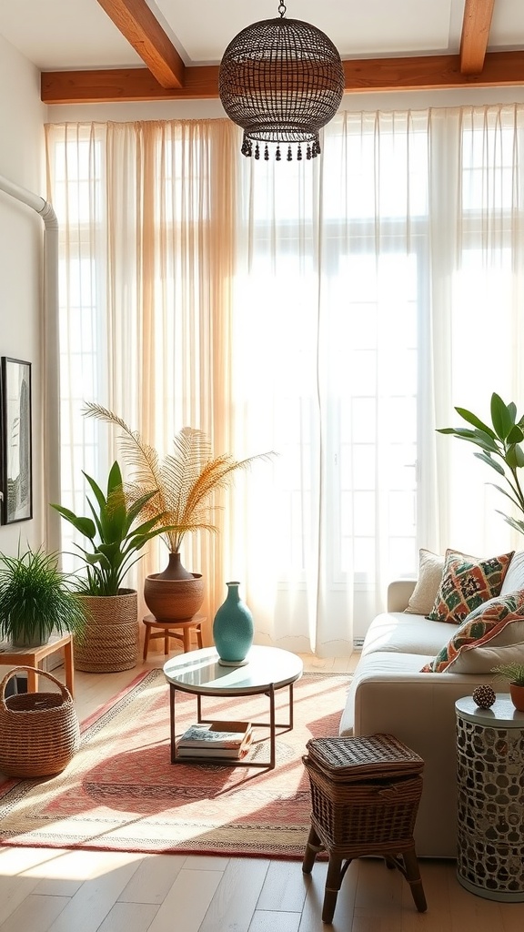A boho living room with sheer curtains, natural light, plants, and cozy decor.
