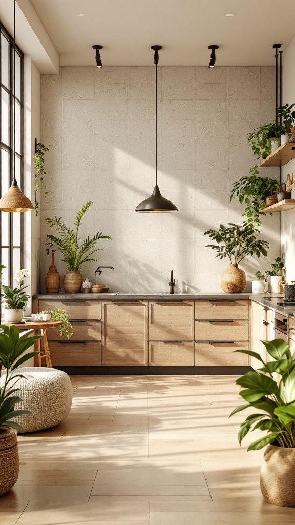 A modern open concept kitchen featuring wooden cabinets, green plants, and natural light.