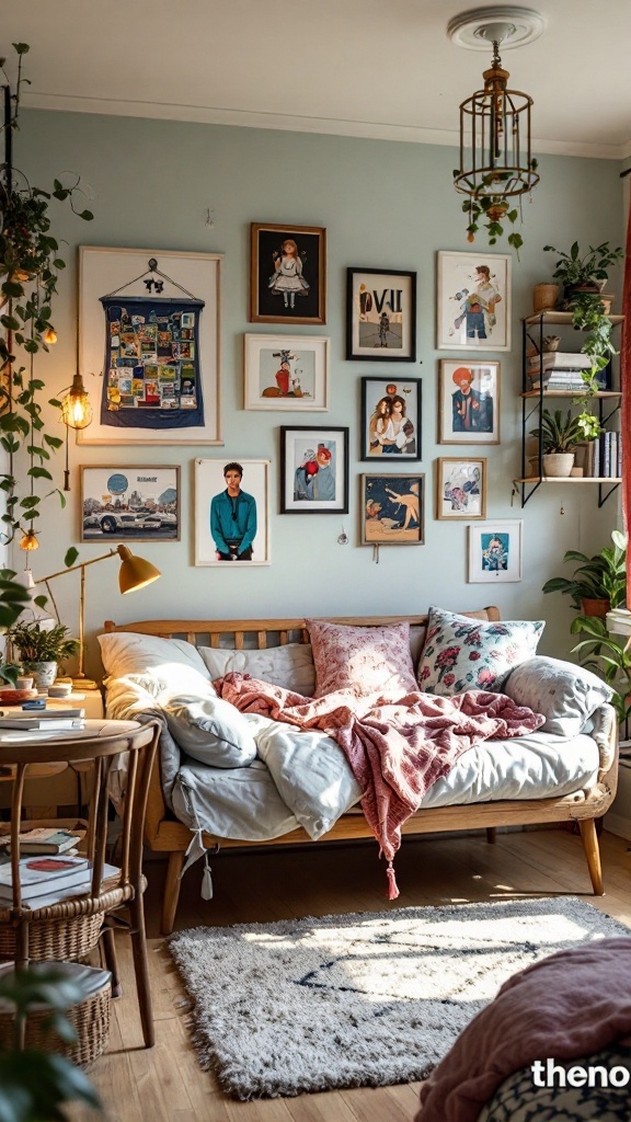 Cozy small bedroom with personalized art on the walls and greenery.