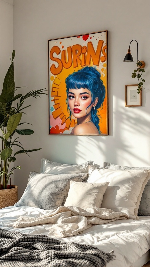 A cozy bedroom with personalized art featuring a woman with blue hair, decorative plants, and layered bedding.