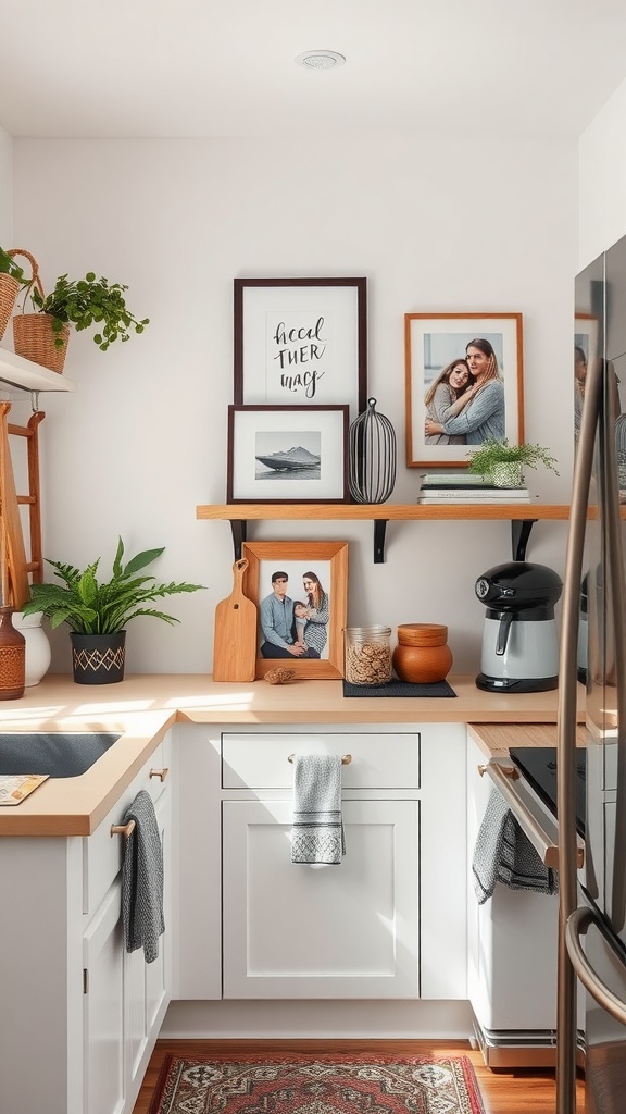 A small kitchen featuring personalized decor with framed photos, plants, and wooden accents.