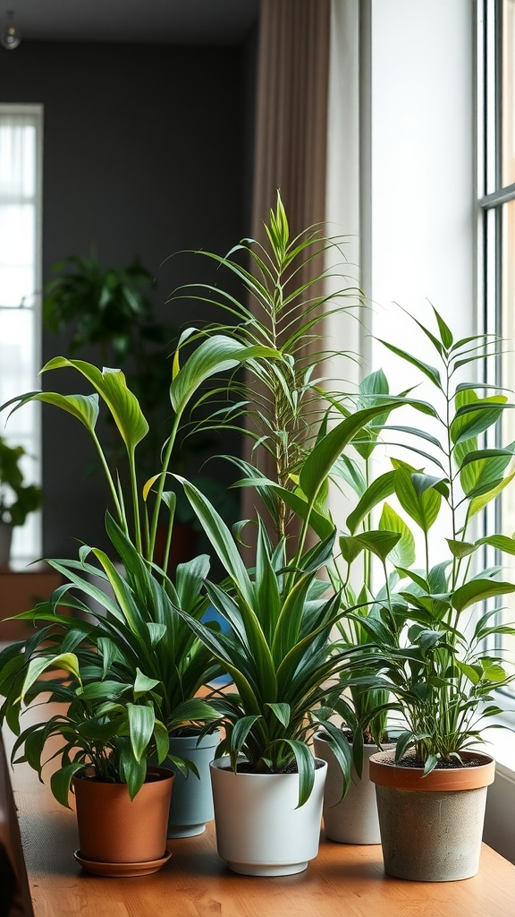 A group of indoor plants of varying sizes arranged on a table, showcasing different textures and pot styles.
