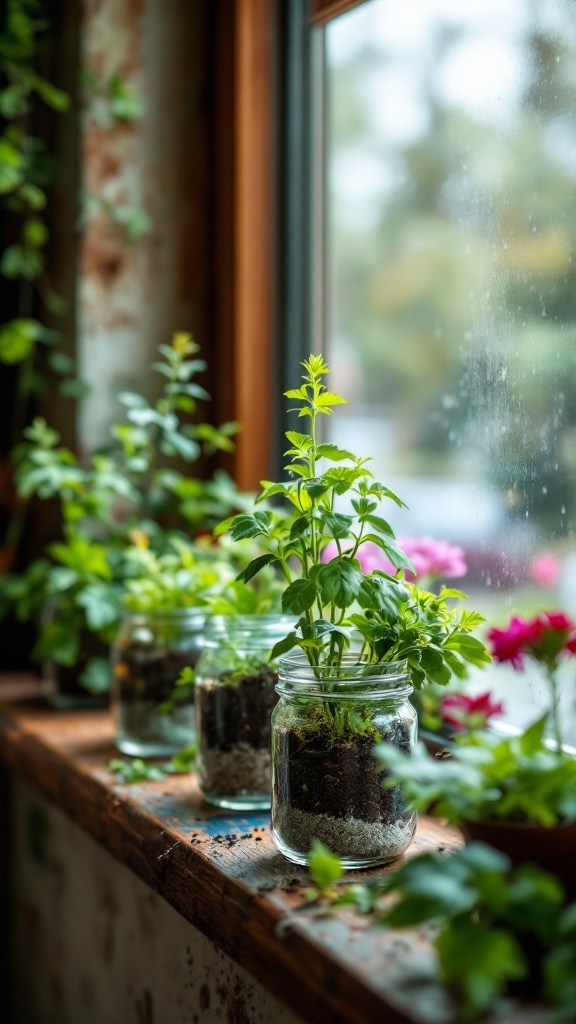 A row of recycled glass jars with plants growing inside, placed on a wooden windowsill