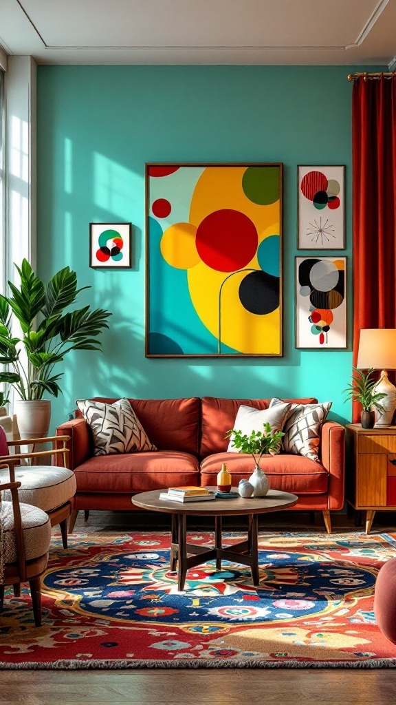 A cozy retro-inspired living room featuring vibrant colors, bold patterns, and nostalgic furniture.
