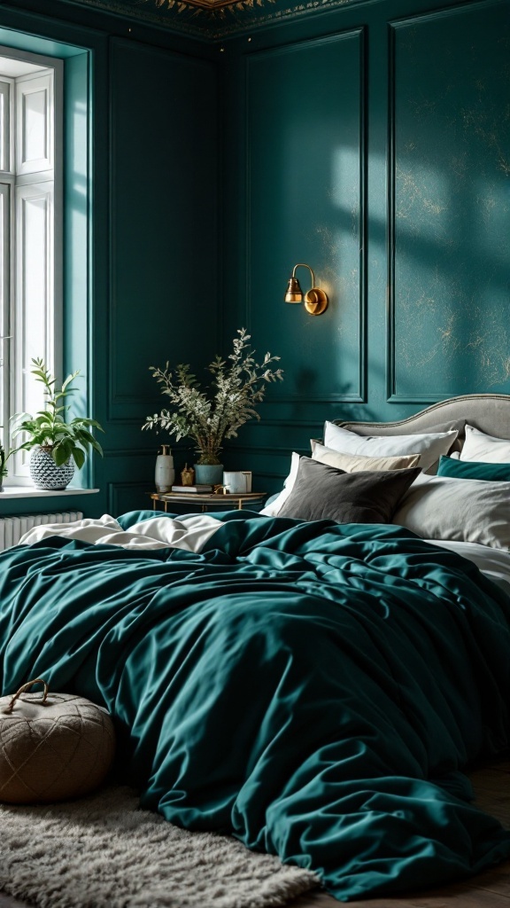 A cozy bedroom featuring rich teal walls and layered bedding in various shades, complemented by plants and gold accents.