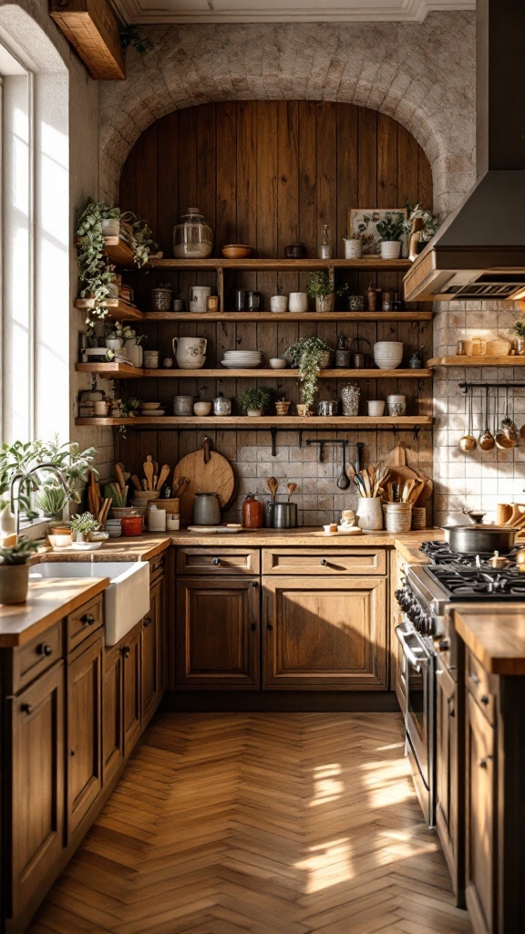 A rustic kitchen with brown wood finishes, featuring open shelves, plants, and a cozy atmosphere.