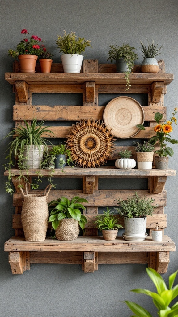 Rustic wooden pallet shelf filled with plants and decorative items.