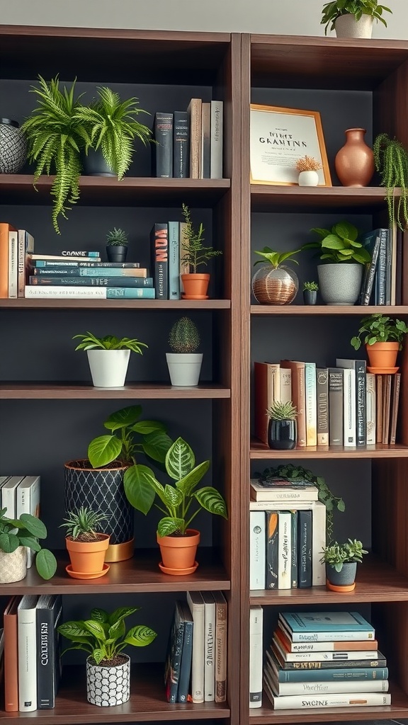 A wooden shelf filled with a variety of indoor plants, books, and decorative items creating a cozy indoor garden.